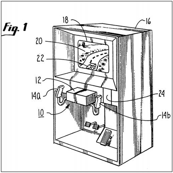 Patent images for the force feedback mechanism used in Atari’s Hard Drivin’ game. (Source: Milton Loper III, US Patent 5,203,563, April 20, 1993)